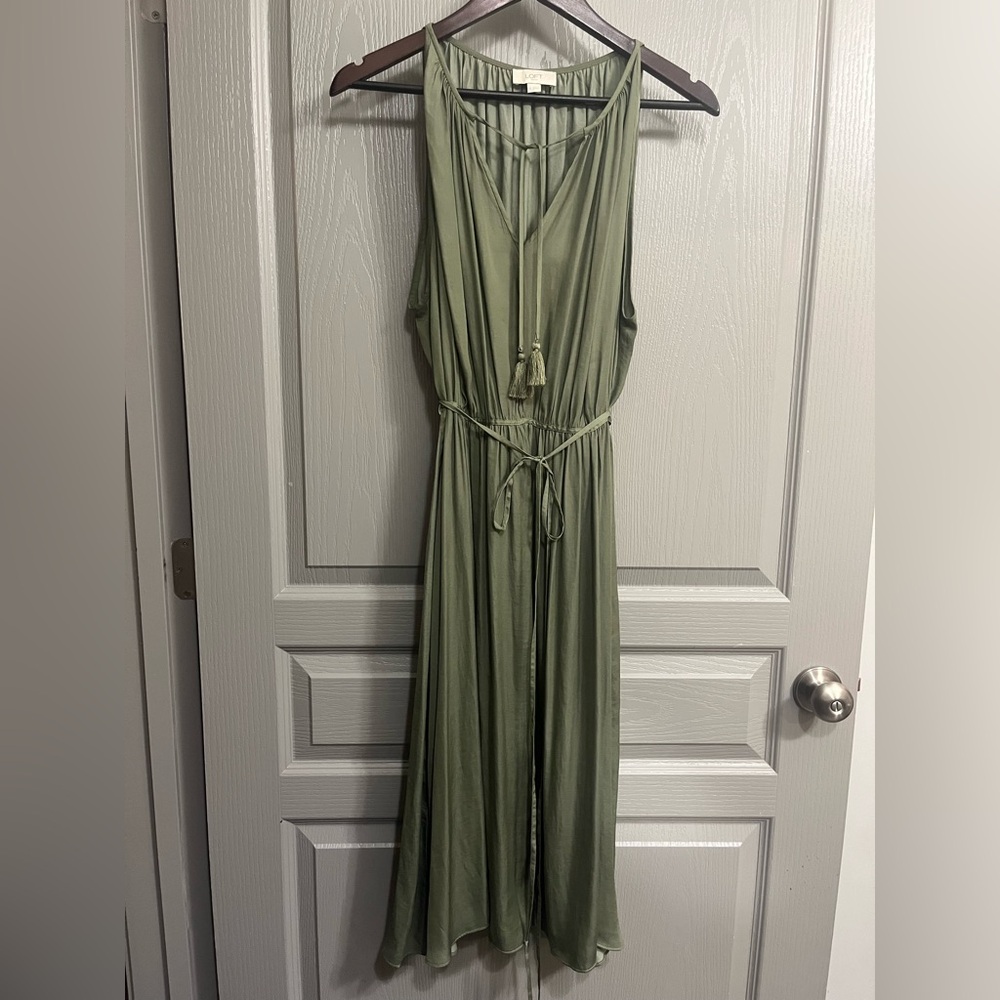 LOFT Olive Green Maxi Dress with Tassel Tie